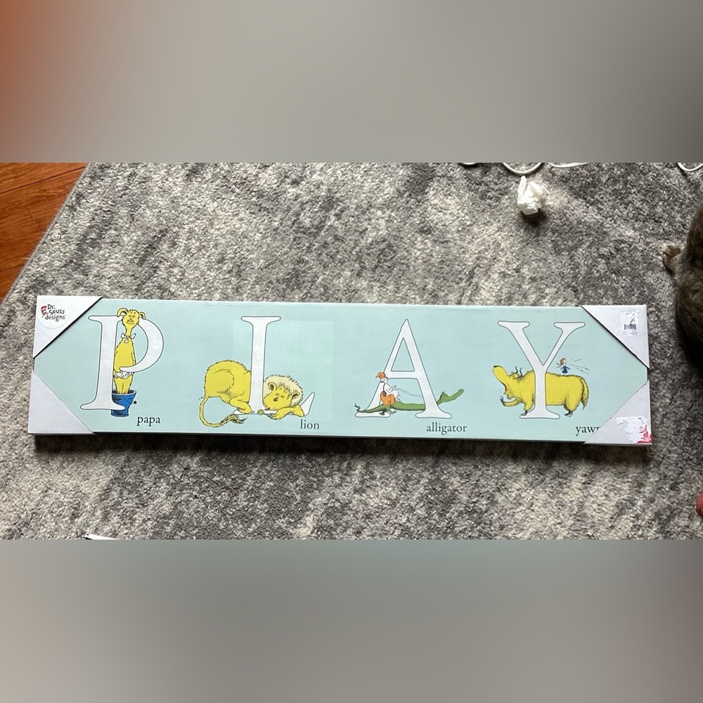 Dr. Seuss Stretched Canvas Art Wall Decor, Blue 36x8x2….PLAY